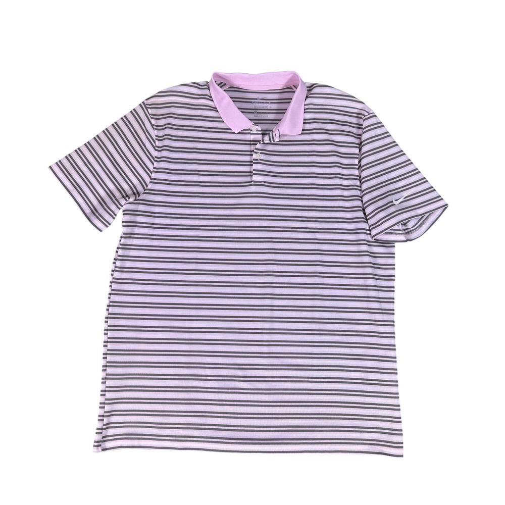 Nike Men's Golf Polo Shirt Pink Grey Stripe Dri-FIT Standard Fit Size XL